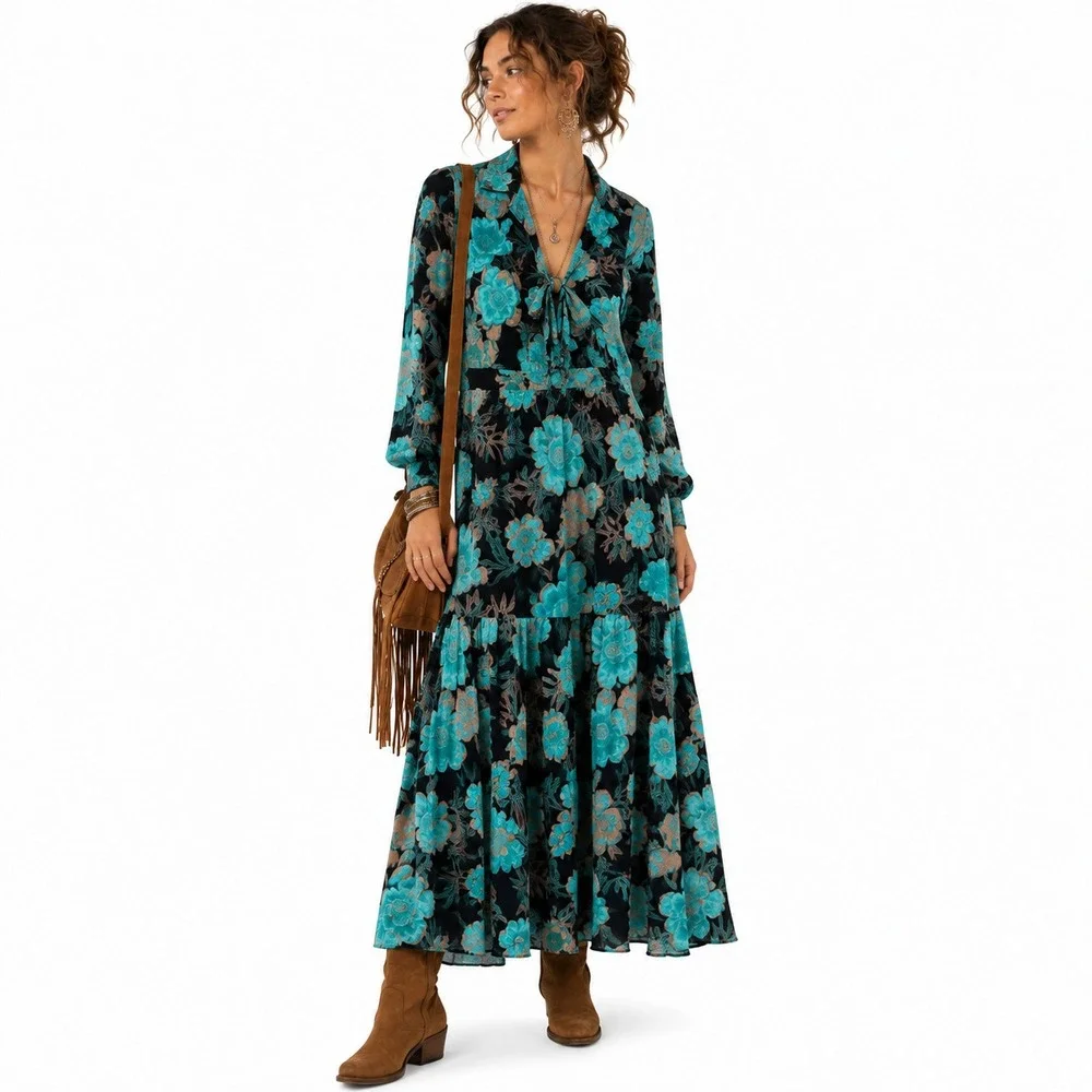 Soft Surroundings Womens M Teal Floral Maxi Dress Black Viscose Tie Front Boho